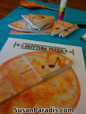 Cut a picture of pizza into halves, quarters, and eighths to show rhythm values.