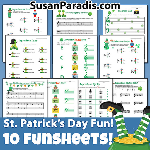 This set of 10 decorated St. Patrick's Day theory sheets will delight your students!